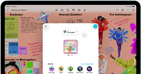 Yatay pozisyonda duran iPad Air’in önden dış görünümü, ses yükseltme düğmesi, ses azaltma düğmesi, güç düğmesi, ekranda çeşitli simgelerle renkli bir uygulama arayüzü gösteriliyor