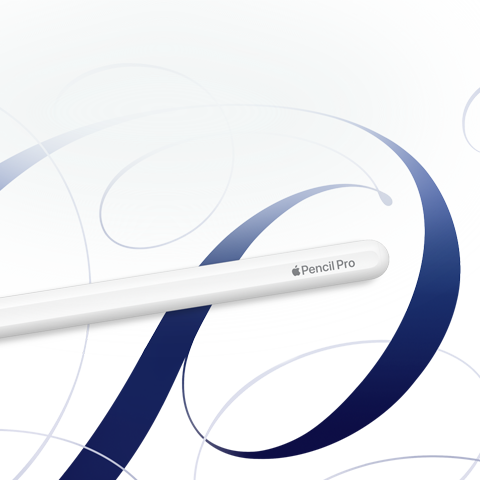 Mavi sarmal desenlerin bulunduğu beyaz bir arka planda beyaz renkte Apple Pencil Pro gösteriliyor