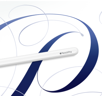 Mavi sarmal desenlerin bulunduğu beyaz bir arka planda beyaz renkte Apple Pencil Pro gösteriliyor