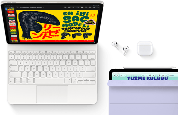 Magic Keyboard’a takılı Yıldız Işığı rengi iPad Air’in ekranında renkli grafikler, Airpods Pro ve Apple Pencil Pro aksesuarları