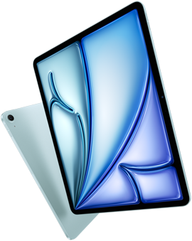 13 inç iPad Air’in önden açılı görünümü, ekranda renkli bir görsel, 11 inç iPad Air’in arkadan dış görünümü ve 12 MP Geniş arka kamera