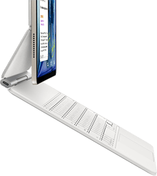 Beyaz renkte Magic Keyboard’a takılı Yıldız Işığı rengi iPad Air’in yandan dış görünümü