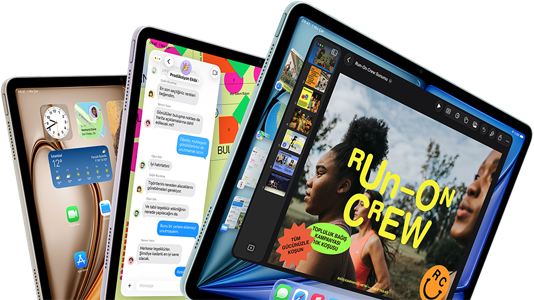 Yan yana yelpaze şeklinde dizilmiş üç adet iPad Air’in önden ve yandan görünümü, Mavi, Mor ve Yıldız Işığı renk seçenekleri, ekranlarında Keynote uygulaması, Mesajlar ve Ana Ekran gösteriliyor