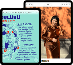 11 inç ve 13 inç boyutlarında iki adet iPad Air; 11 inç iPad Air ekranında Notlar uygulamasında renkli bir metin gösteriliyor, 13 inç iPad Air ekranında Fotoğraflar uygulamasında bir kişinin fotoğrafı gösteriliyor