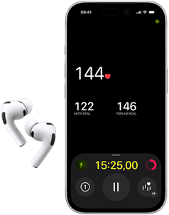 AirPods Pro 3, iPhone 17 Pro ekranının alt yarısı, kalp atış hızını gösteren Fitness uygulaması
