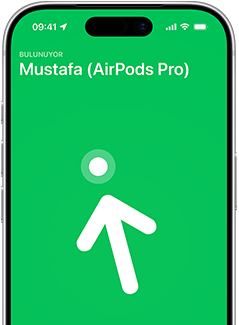 iPhone 17 Pro, Tam Konum Bulma özellikli Bul uygulaması ekranı, metin: Matias’ın AirPods Pro'su