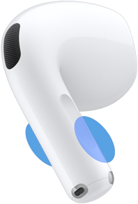AirPods 5 kulaklığın dış görünümü, mavi daireler ses seviyesini kontrol etmek için alt uçta kaydırılması gereken yeri vurguluyor
