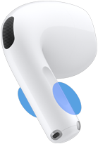 AirPods 5 kulaklığın dış görünümü, mavi daireler ses seviyesini kontrol etmek için alt uçta kaydırılması gereken yeri vurguluyor