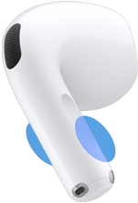 AirPods 5 kulaklığın dış görünümü, mavi daireler ses seviyesini kontrol etmek için alt uçta kaydırılması gereken yeri vurguluyor