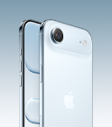 Gök Mavisi iPhone Air’in arkadan açılı görünümü, üst kısımdaki plato alanında Fusion Ana kamera sistemi, Kamera Denetimi düğmesi, önden yan görünümde tam ekran tasarım, Eylem düğmesi ve ses düğmeleri