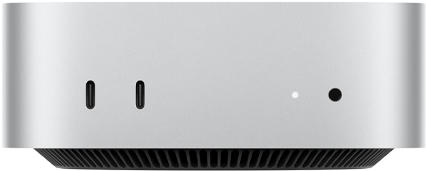 Mac mini, önden görünüm, iki adet Thunderbolt bağlantı noktası, durum göstergesi ışığı ve kulaklık jakı, altta konik tasarımlı siyah taban, düz üst yüzey, yuvarlatılmış köşeler, düz kenarlar, gümüş rengi