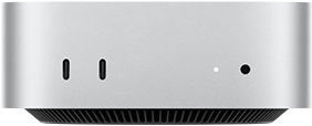 Mac mini, önden görünüm, iki adet Thunderbolt bağlantı noktası, durum göstergesi ışığı ve kulaklık jakı, altta konik tasarımlı siyah taban, düz üst yüzey, yuvarlatılmış köşeler, düz kenarlar, gümüş rengi