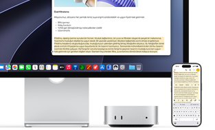 Mac mini’nin önden görünümü, Studio Display’in altına yerleştirilmiş, aygıtın ve ekranın sağ tarafında bir iPhone duruyor, iPhone’da seçili metnin üzerinde kes, kopyala, yapıştır ve AutoFill komutları görülüyor ve seçili metnin aynısı ekranda da gösteriliyor, Evrensel Pano özelliği vurgulanıyor
