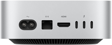 Mac mini, arkadan görünüm, güç soketi, Ethernet bağlantı noktası, HDMI bağlantı noktası, üç adet Thunderbolt bağlantı noktası