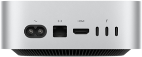 Mac mini, arkadan görünüm, güç soketi, Ethernet bağlantı noktası, HDMI bağlantı noktası, üç adet Thunderbolt bağlantı noktası