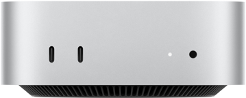 Mac mini, önden görünüm, iki adet Thunderbolt bağlantı noktası, durum göstergesi ışığı ve kulaklık jakı, altta konik tasarımlı siyah taban, düz üst yüzey, yuvarlatılmış köşeler, düz kenarlar, gümüş rengi
