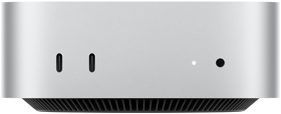 Mac mini, önden görünüm, iki adet Thunderbolt bağlantı noktası, durum göstergesi ışığı ve kulaklık jakı, altta konik tasarımlı siyah taban, düz üst yüzey, yuvarlatılmış köşeler, düz kenarlar, gümüş rengi