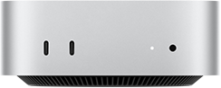 Mac mini, önden görünüm, iki adet Thunderbolt bağlantı noktası, durum göstergesi ışığı ve kulaklık jakı, altta konik tasarımlı siyah taban, düz üst yüzey, yuvarlatılmış köşeler, düz kenarlar, gümüş rengi