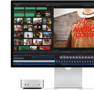 Studio Display ile eşleştirilmiş Mac mini, ekranın sağ tarafında Black American Cowboy adlı filmin başlık ekranı ve sol tarafında filmden birkaç kare gösteriliyor