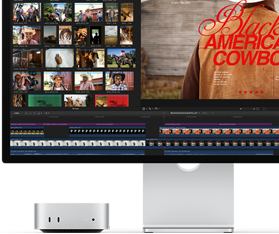 Studio Display ile eşleştirilmiş Mac mini, ekranın sağ tarafında Black American Cowboy adlı filmin başlık ekranı ve sol tarafında filmden birkaç kare gösteriliyor