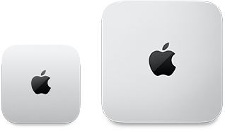 İki adet Mac mini aygıtı, üstten görünüm, gümüş rengi alüminyum, yuvarlatılmış köşeler, ortalanmış parlak siyah Apple logosu, soldaki aygıt güncel sürüm ve sağdaki aygıtın yarısından daha az yer kaplıyor