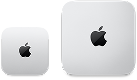 İki adet Mac mini aygıtı, üstten görünüm, gümüş rengi alüminyum, yuvarlatılmış köşeler, ortalanmış parlak siyah Apple logosu, soldaki aygıt güncel sürüm ve sağdaki aygıtın yarısından daha az yer kaplıyor