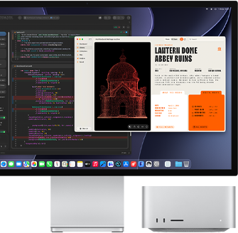 Studio Display XDR, ekranda XCode’da Claude Agent ile işlenmekte olan bir belge gösteriliyor, Mac Studio, önden görünüm