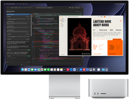 Studio Display XDR, ekranda XCode’da Claude Agent ile işlenmekte olan bir belge gösteriliyor, Mac Studio, önden görünüm