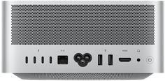 Mac Studio, arkadan görünüm, delikli alüminyum hava çıkışı, dört adet Thunderbolt 5 bağlantı noktası, bir adet Ethernet, bir adet güç soketi, iki adet USB-A, bir adet HDMI, bir adet kulaklık jakı ve güç düğmesi