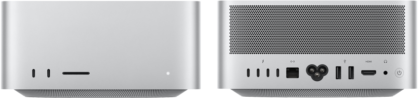 Mac Studio, önden görünüm, iki adet USB-C bağlantı noktası, SDXC kart yuvası, durum göstergesi ışığı, altta konik tasarımlı taban, düz üst yüzey, yuvarlatılmış köşeler, düz kenarlar, gümüş rengi, Mac Studio, arkadan görünüm, delikli alüminyum hava çıkışı, dört adet Thunderbolt 5 bağlantı noktası, bir adet Ethernet, bir adet güç soketi, iki adet USB-A, bir adet HDMI, bir adet kulaklık jakı ve güç düğmesi