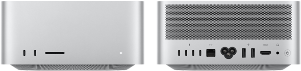 Mac Studio, önden görünüm, iki adet USB-C bağlantı noktası, SDXC kart yuvası, durum göstergesi ışığı, altta konik tasarımlı taban, düz üst yüzey, yuvarlatılmış köşeler, düz kenarlar, gümüş rengi, Mac Studio, arkadan görünüm, delikli alüminyum hava çıkışı, dört adet Thunderbolt 5 bağlantı noktası, bir adet Ethernet, bir adet güç soketi, iki adet USB-A, bir adet HDMI, bir adet kulaklık jakı ve güç düğmesi