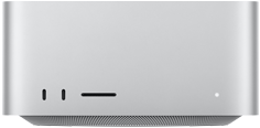 Mac Studio, önden görünüm, iki adet USB-C bağlantı noktası, SDXC kart yuvası, durum göstergesi ışığı, altta konik tasarımlı taban, düz üst yüzey, yuvarlatılmış köşeler, düz kenarlar, gümüş rengi, Mac Studio, arkadan görünüm, delikli alüminyum hava çıkışı, dört adet Thunderbolt 5 bağlantı noktası, bir adet Ethernet, bir adet güç soketi, iki adet USB-A, bir adet HDMI, bir adet kulaklık jakı ve güç düğmesi