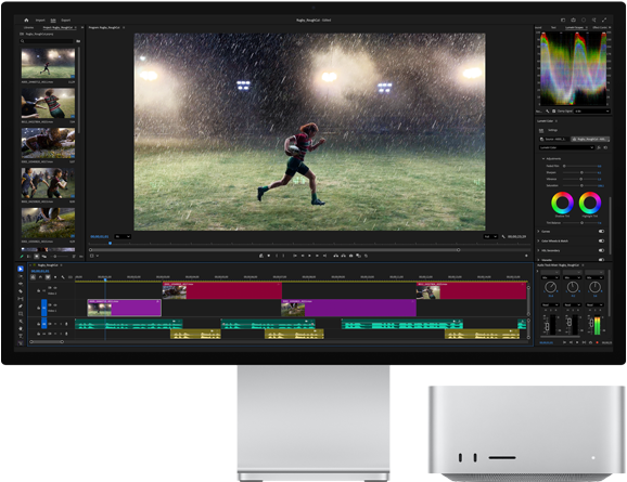 Yerleşik standa sahip Studio Display XDR, Mac Studio ekranın altına rahatlıkla sığıyor, ekranda video düzenleme ve renk düzenleme araçları iş akışı gösteriliyor