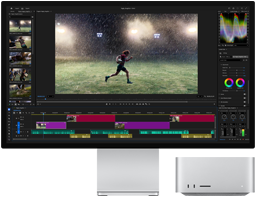 Yerleşik standa sahip Studio Display XDR, Mac Studio ekranın altına rahatlıkla sığıyor, ekranda video düzenleme ve renk düzenleme araçları iş akışı gösteriliyor
