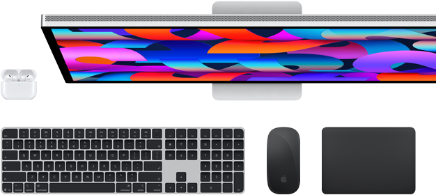 AirPods, Touch ID özellikli Magic Keyboard, Magic Mouse, Magic Trackpad ve Studio Display dahil aksesuar ve aygıt koleksiyonu