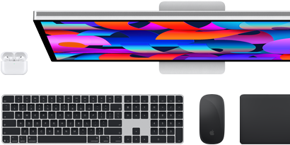 AirPods, Touch ID özellikli Magic Keyboard, Magic Mouse, Magic Trackpad ve Studio Display dahil aksesuar ve aygıt koleksiyonu