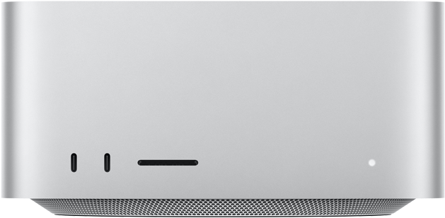 Mac Studio, önden görünüm, iki adet USB-C bağlantı noktası, SDXC kart yuvası, durum göstergesi ışığı, altta konik tasarımlı taban, düz üst yüzey, yuvarlatılmış köşeler, düz kenarlar, gümüş rengi