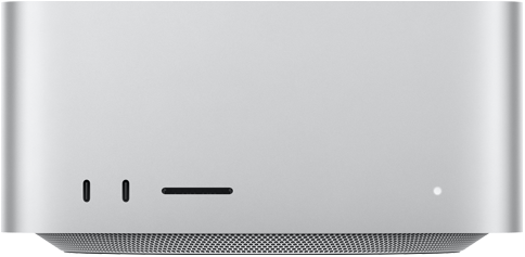 Mac Studio, önden görünüm, iki adet USB-C bağlantı noktası, SDXC kart yuvası, durum göstergesi ışığı, altta konik tasarımlı taban, düz üst yüzey, yuvarlatılmış köşeler, düz kenarlar, gümüş rengi