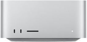 Mac Studio, önden görünüm, iki adet USB-C bağlantı noktası, SDXC kart yuvası, durum göstergesi ışığı, altta konik tasarımlı taban, düz üst yüzey, yuvarlatılmış köşeler, düz kenarlar, gümüş rengi