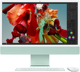 4.5K Retina ekranın renk yelpazesini ve çözünürlüğünü sergilemek için Adobe Lightroom’da renkli bir çiçek resmi gösteren iMac ekranı.