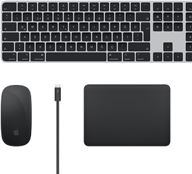 Magic Keyboard, Magic Mouse, Magic Trackpad ve Thunderbolt kabloları gibi Mac aksesuarlarının üstten görünümü.