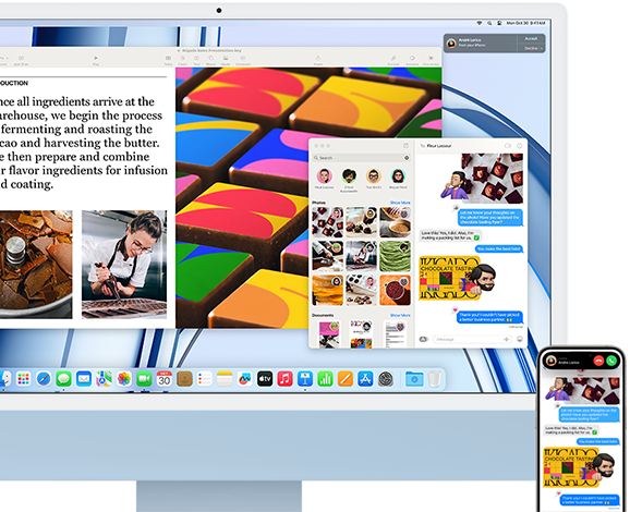 iMac ile iPhone yan yana duruyor, her iki ekrandaki ortak sohbet metni ve fotoğraflarla Süreklilik özelliği gösteriliyor