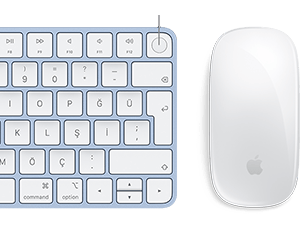 Touch ID parmak izinin ön planda olduğu aynı renkteki Magic Keyboard ve Magic Mouse’un görüntüsü