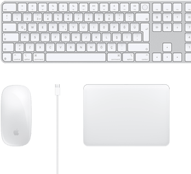 Magic Mouse, USB-C kablo, Magic Trackpad ve sayısal Magic Keyboard aksesuarlarının masa üstündeki görünümü