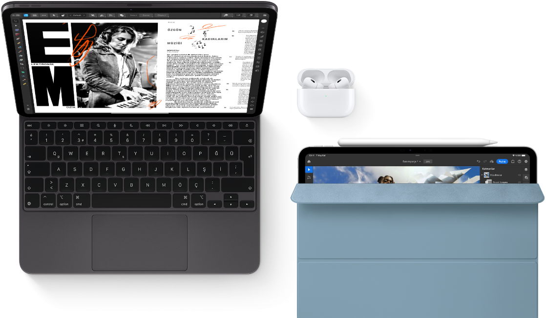 Magic Keyboard ile iPad Pro. AirPods Pro. Apple Pencil ve Smart Folio ile bir iPad daha.