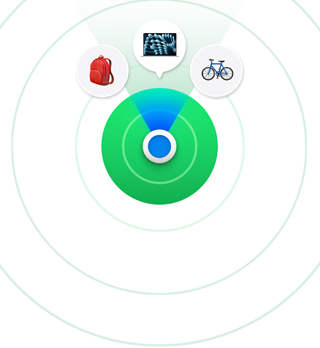 Bul uygulaması simgesiyle birlikte Mac&nbsp;laptop, sırt çantası ve bisiklet gibi yerini bulabileceği eşyalar gösteriliyor.