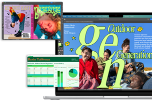 Numbers ve InDesign gibi uygulamaların görüldüğü farklı ekranlarla M4 çipli 13 inç MacBook Air’in performansı gösteriliyor.