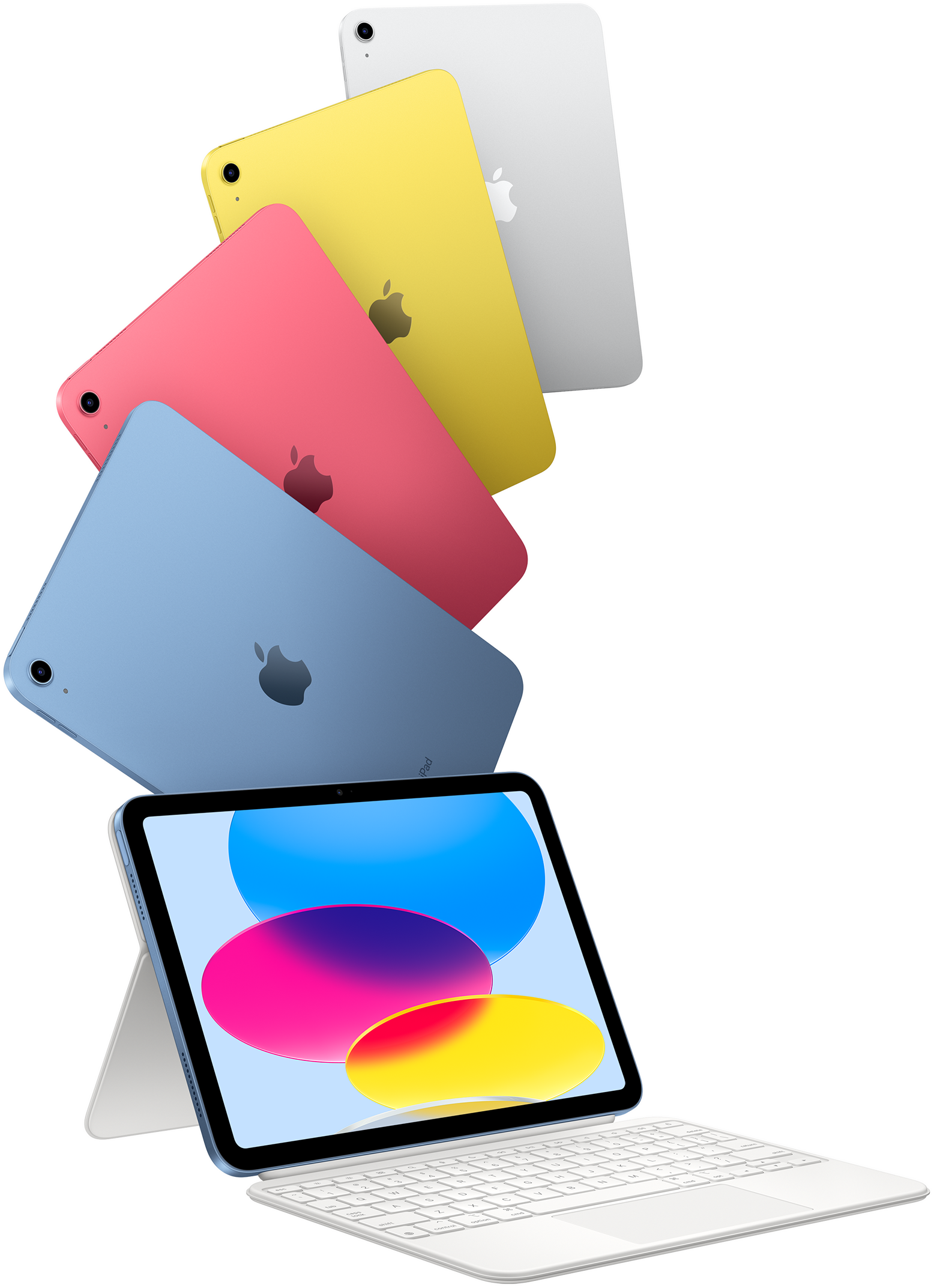 Mavi, pembe, sarı ve gümüş rengi iPad’ler ve Magic Keyboard Folio’ya takılı bir iPad.