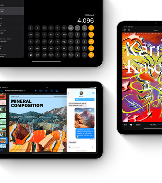 Üç iPad mini ekranında iPadOS ve uygulama özellikleri gösteriliyor