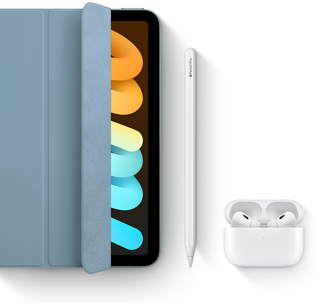 Smart Folio, Apple Pencil Pro ve AirPods Pro ile birlikte kullanılan iPad mini gösteriliyor